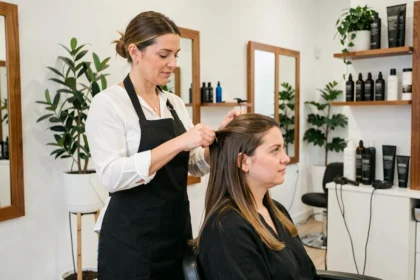Coiffeuse professionnelle en train de coiffer une cliente dans un salon de coiffure moderne du Morbihan