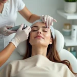 Femme en séance de détatouage de sourcils au laser dans un studio esthétique moderne en 2026