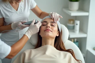 Femme en séance de détatouage de sourcils au laser dans un studio esthétique moderne en 2026