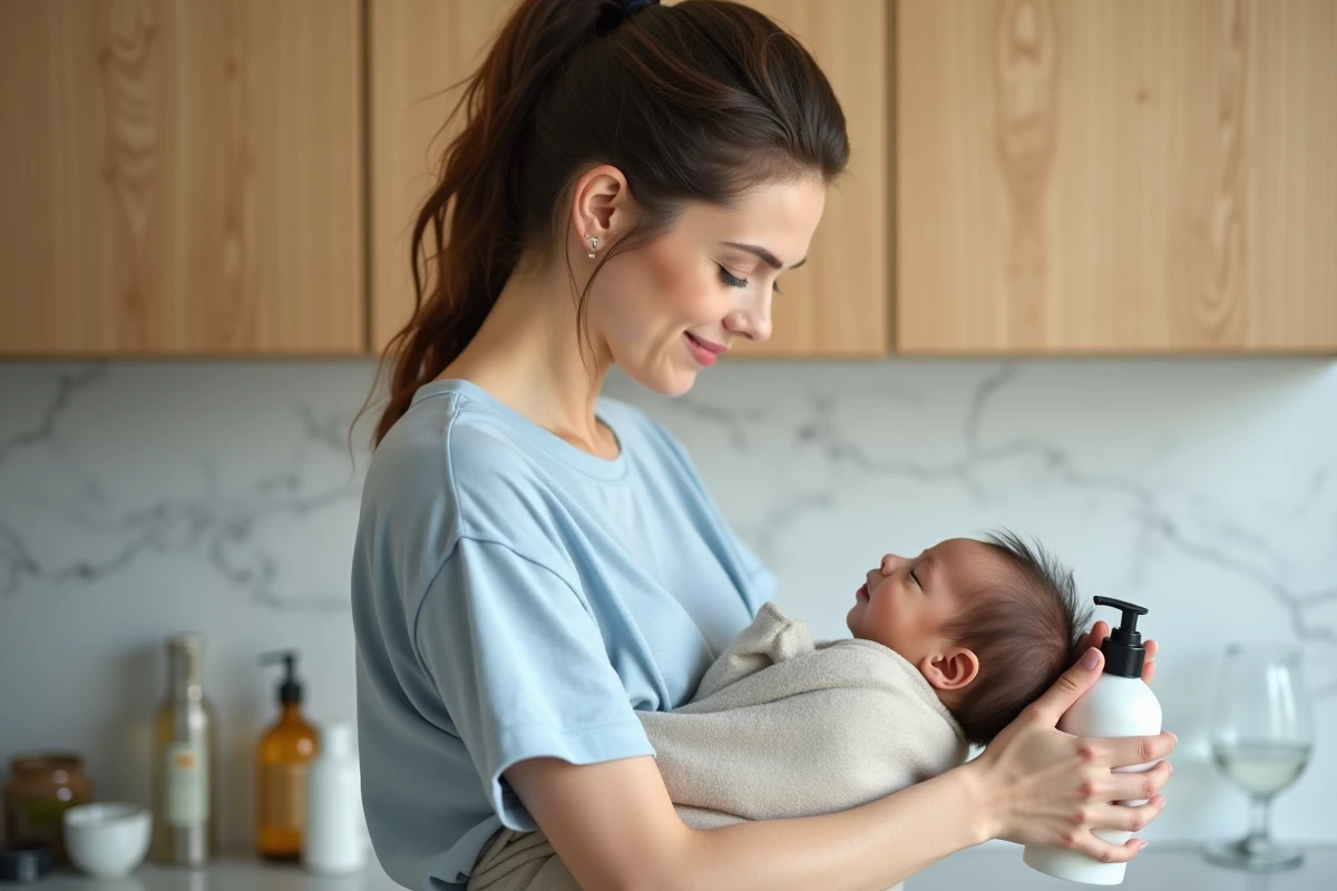 Jeune maman portant son bébé en écharpe lisant l'étiquette d'un shampooing doux pour cheveux gras dans sa cuisine, routine capillaire post-grossesse