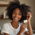 Femme appliquant une crème capillaire sur ses cheveux afro