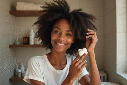 Femme appliquant une crème capillaire sur ses cheveux afro