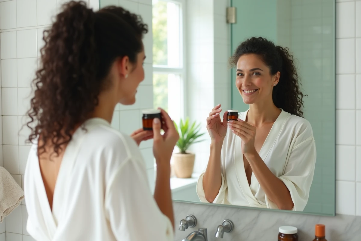 Femme d'âge moyen appliquant une crème naturelle artisanale dans une salle de bain lumineuse lors d'un rituel de soin inspiré des remèdes de grand-mère