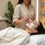 Soin du visage dans un institut de beauté parisien, esthéticienne appliquant un masque sur une cliente allongée