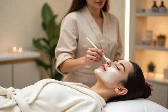 Soin du visage dans un institut de beauté parisien, esthéticienne appliquant un masque sur une cliente allongée
