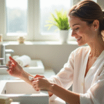 Femme appliquant une creme visage dans une salle de bain lumineuse