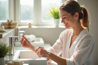 Femme appliquant une creme visage dans une salle de bain lumineuse