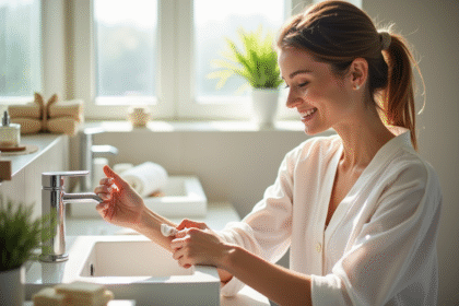 Femme appliquant une creme visage dans une salle de bain lumineuse