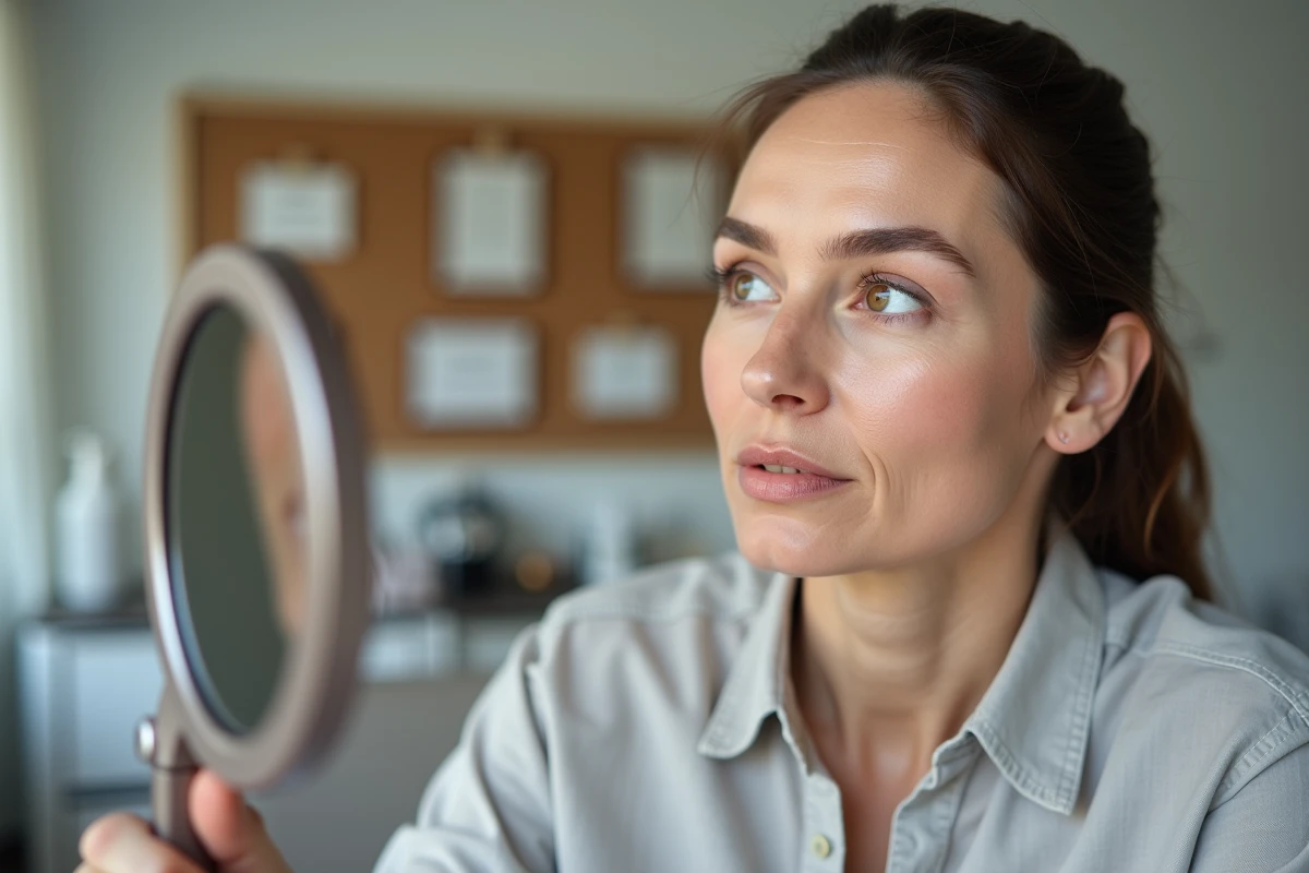 Femme observant ses sourcils en cours de détatouage au laser dans une cabine esthétique professionnelle