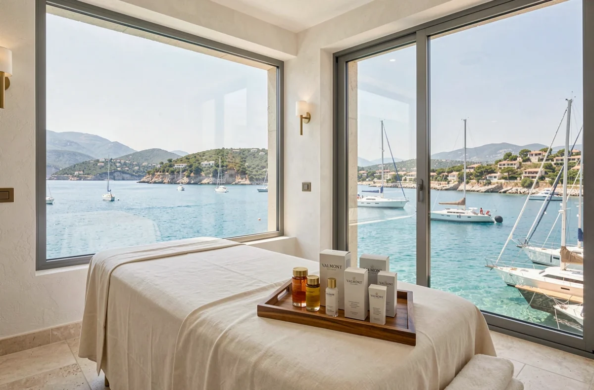 Salle de soin haut de gamme avec vue panoramique sur la baie de Saint-Tropez dans un spa de palace avec produits Valmont