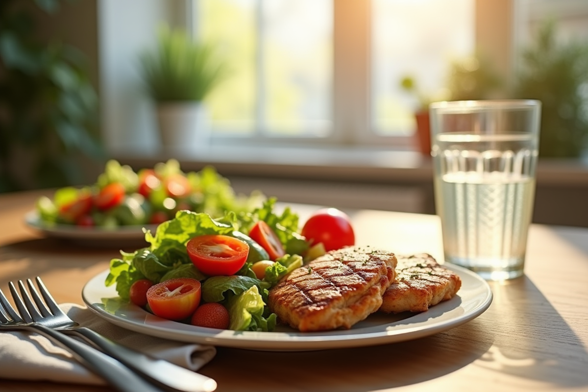 Table avec salade colorée poulet grillé et eau gazeuse dans une cuisine lumineuse