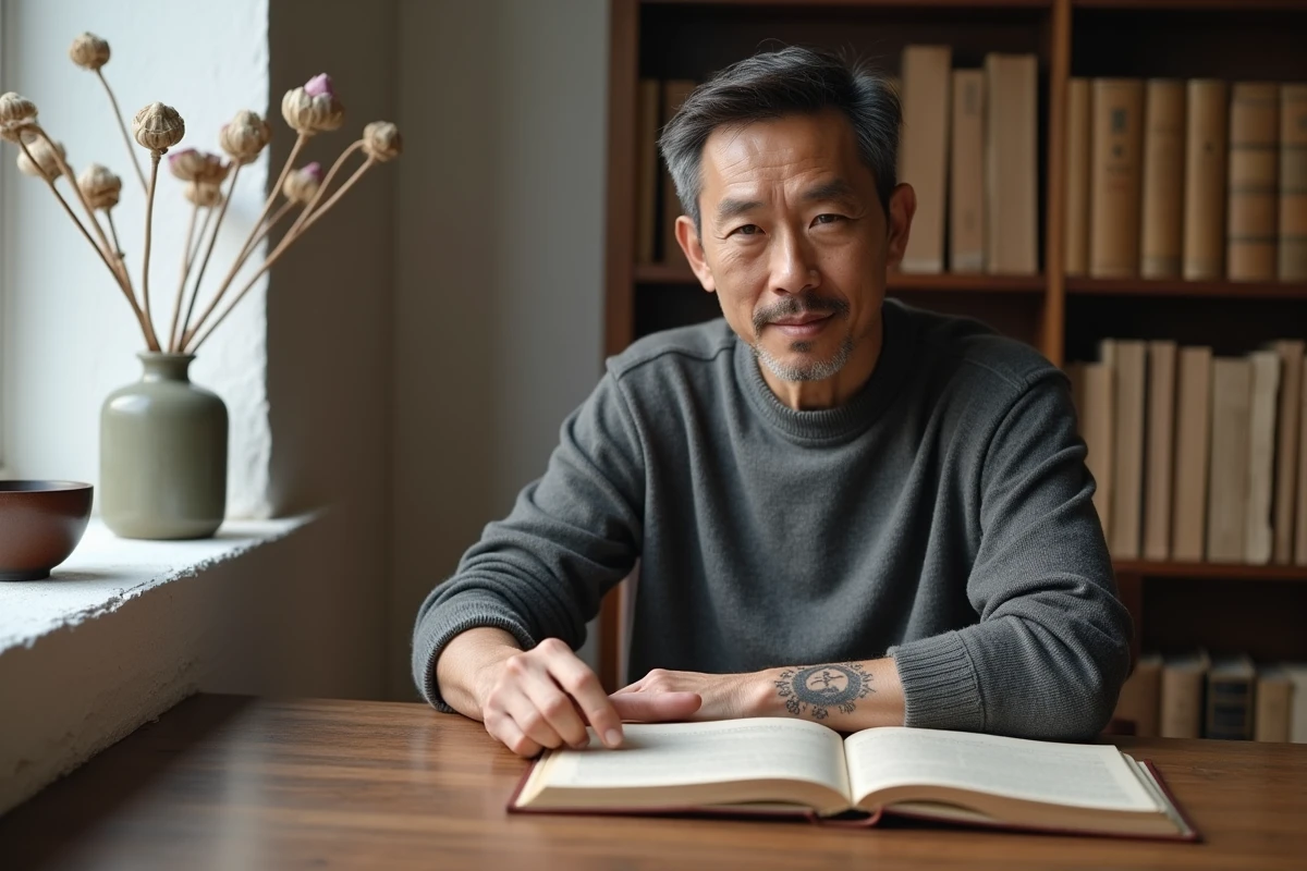 Homme érudit présentant un tatouage bouddhiste roue du Dharma et écriture sanskrite dans un bureau japonais minimaliste