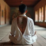 Homme assis en méditation dans un temple bouddhiste thaïlandais avec un tatouage Sak Yant géométrique sur le dos