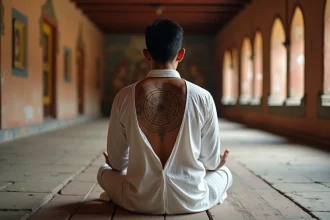 Homme assis en méditation dans un temple bouddhiste thaïlandais avec un tatouage Sak Yant géométrique sur le dos