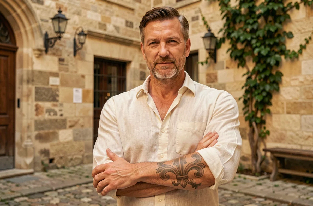 Homme affichant un tatouage fleur de lys sur l'avant-bras dans une cour pavée historique à l'architecture française