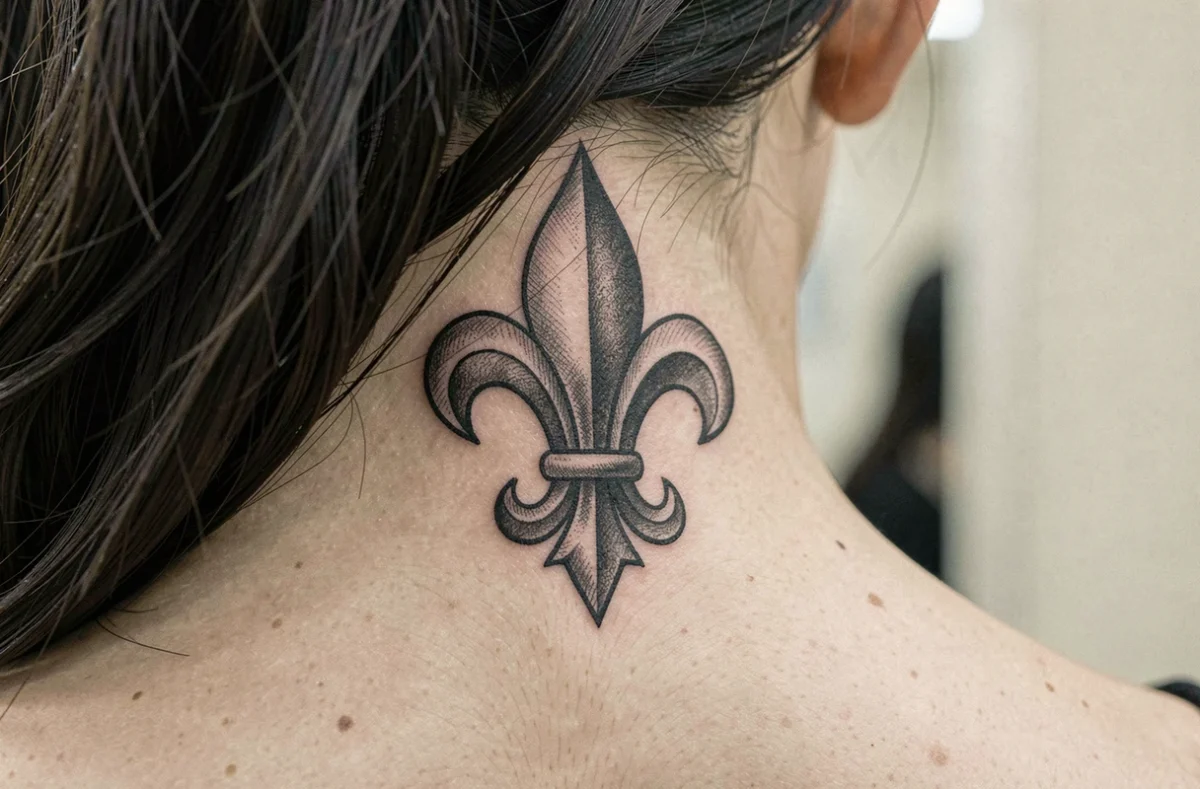 Gros plan d'un tatouage fleur de lys en encre noire sur la nuque d'une femme aux cheveux sombres