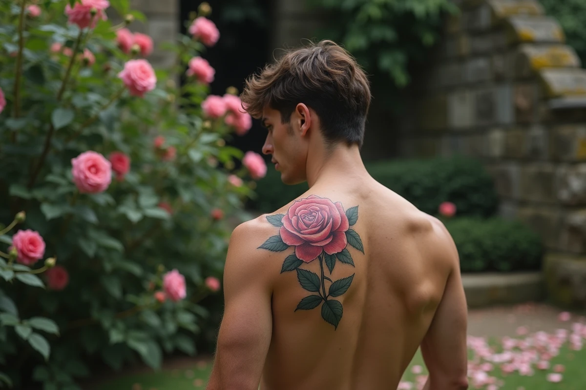 Homme de dos avec un tatouage rose détaillé sur l'omoplate dans un jardin de roses sauvages, évoquant la protection ésotérique et l'intuition