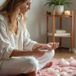 Femme méditant sur un tatouage rose sur le poignet entouré de cristaux de quartz rose et de pétales séchés, symbolisant la protection et l'énergie du cœur