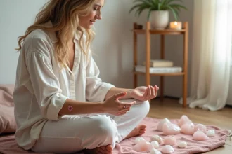 Femme méditant sur un tatouage rose sur le poignet entouré de cristaux de quartz rose et de pétales séchés, symbolisant la protection et l'énergie du cœur