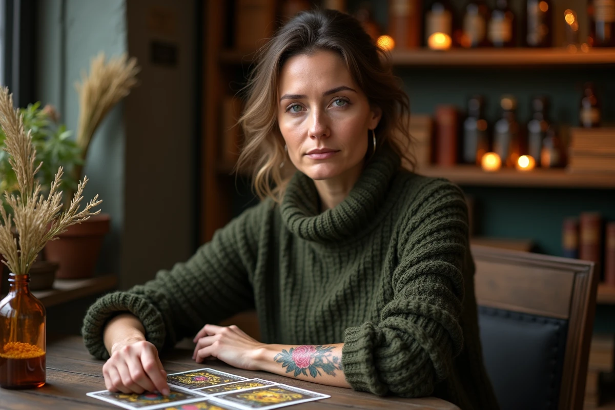 Femme avec un tatouage rose vintage sur l'avant-bras disposant des cartes de tarot dans une boutique ésotérique, symbolisant l'intuition et l'énergie spirituelle