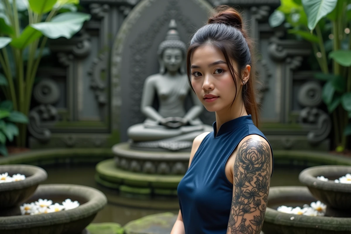 Femme montrant un tatouage Unalome avec fleur de lotus sur l'avant-bras devant une statue de Bouddha en pierre à Bali
