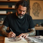 Artiste tatoueur maori étudiant des symboles traditionnels tā moko dans un studio authentique