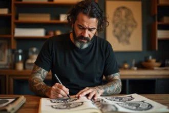 Artiste tatoueur maori étudiant des symboles traditionnels tā moko dans un studio authentique