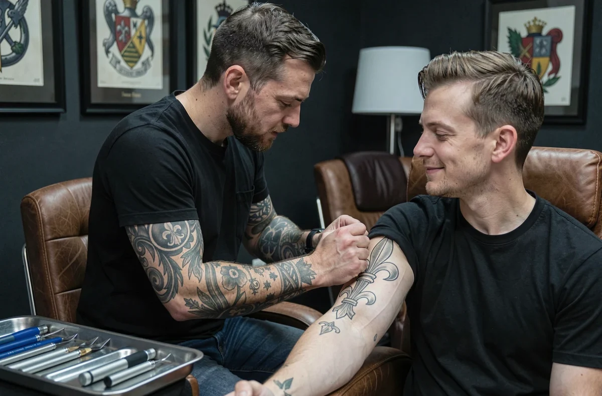 Tatoueur appliquant un pochoir fleur de lys sur le bras d'un client dans un atelier de tatouage professionnel