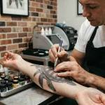 Tatoueur professionnel réalisant un tatouage tortue polynésien sur un avant-bras dans un studio de tatouage