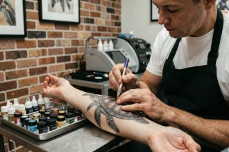 Tatoueur professionnel réalisant un tatouage tortue polynésien sur un avant-bras dans un studio de tatouage