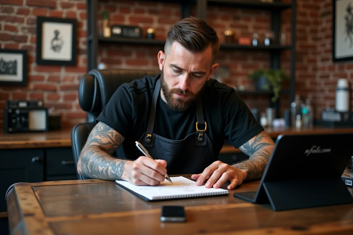 Tatoueur dans son atelier esquissant un design