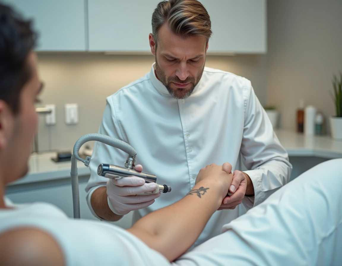 Technicien spécialisé appliquant un laser de détatouage sur le bras d'un client dans un studio professionnel à Paris Marais
