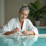 Femme testant l'eau du spa avec une bandelette de pH