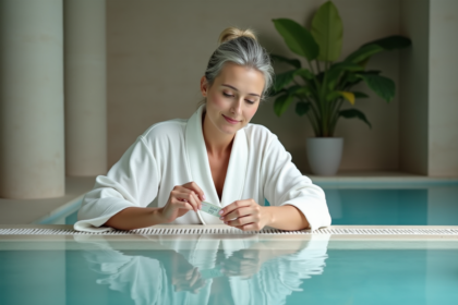 Femme testant l'eau du spa avec une bandelette de pH