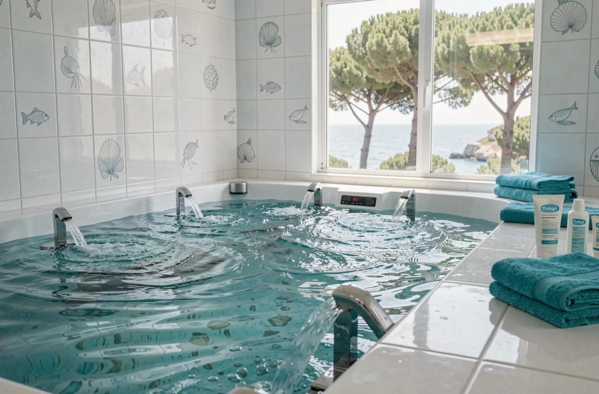 Bassin de thalassothérapie avec produits Thalgo et vue sur la côte dans un centre de soins marins à Roquebrune-sur-Argens