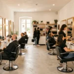 Intérieur d'un salon de coiffure moderne dans le Var avec des coiffeurs au travail et des clients souriants