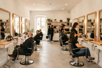 Intérieur d'un salon de coiffure moderne dans le Var avec des coiffeurs au travail et des clients souriants