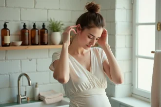 Jeune maman se massant le cuir chevelu devant un miroir de salle de bain, cheveux gras attachés, produits capillaires naturels en arrière-plan
