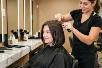 Femme en salon de coiffure lors d'une transition de cheveux longs vers un carré, coiffeuse en action avec ciseaux professionnels