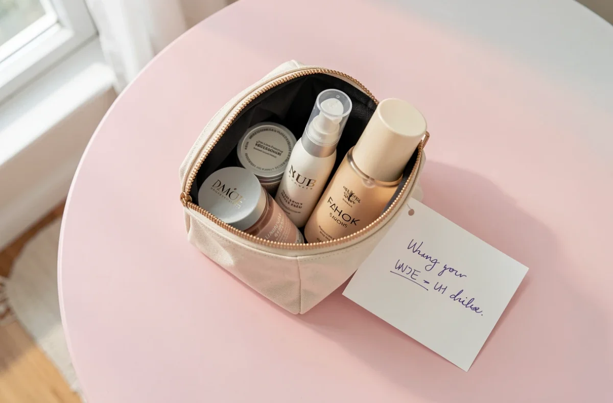 Trousse remplie de quelques produits de beauté choisis pour un cadeau