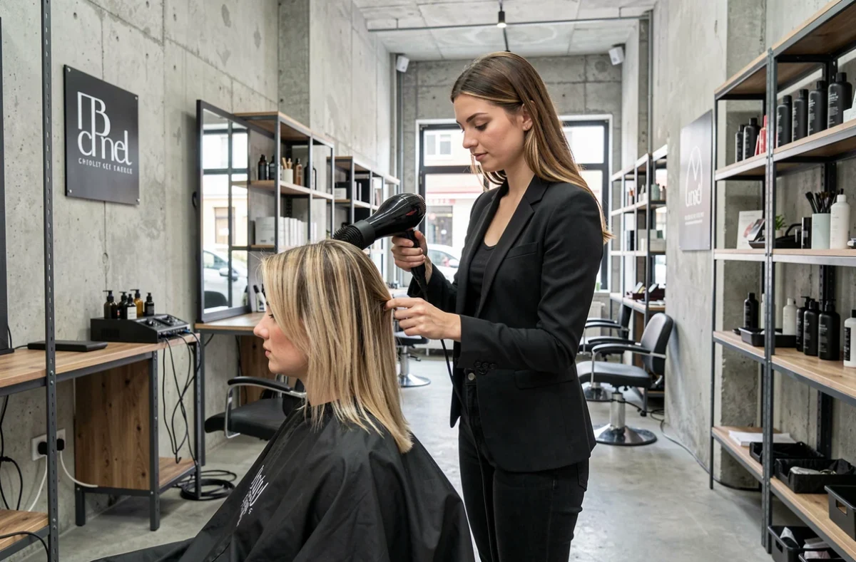 Styliste du salon Urban à Cholet réalisant un brushing sur une cliente dans un cadre moderne