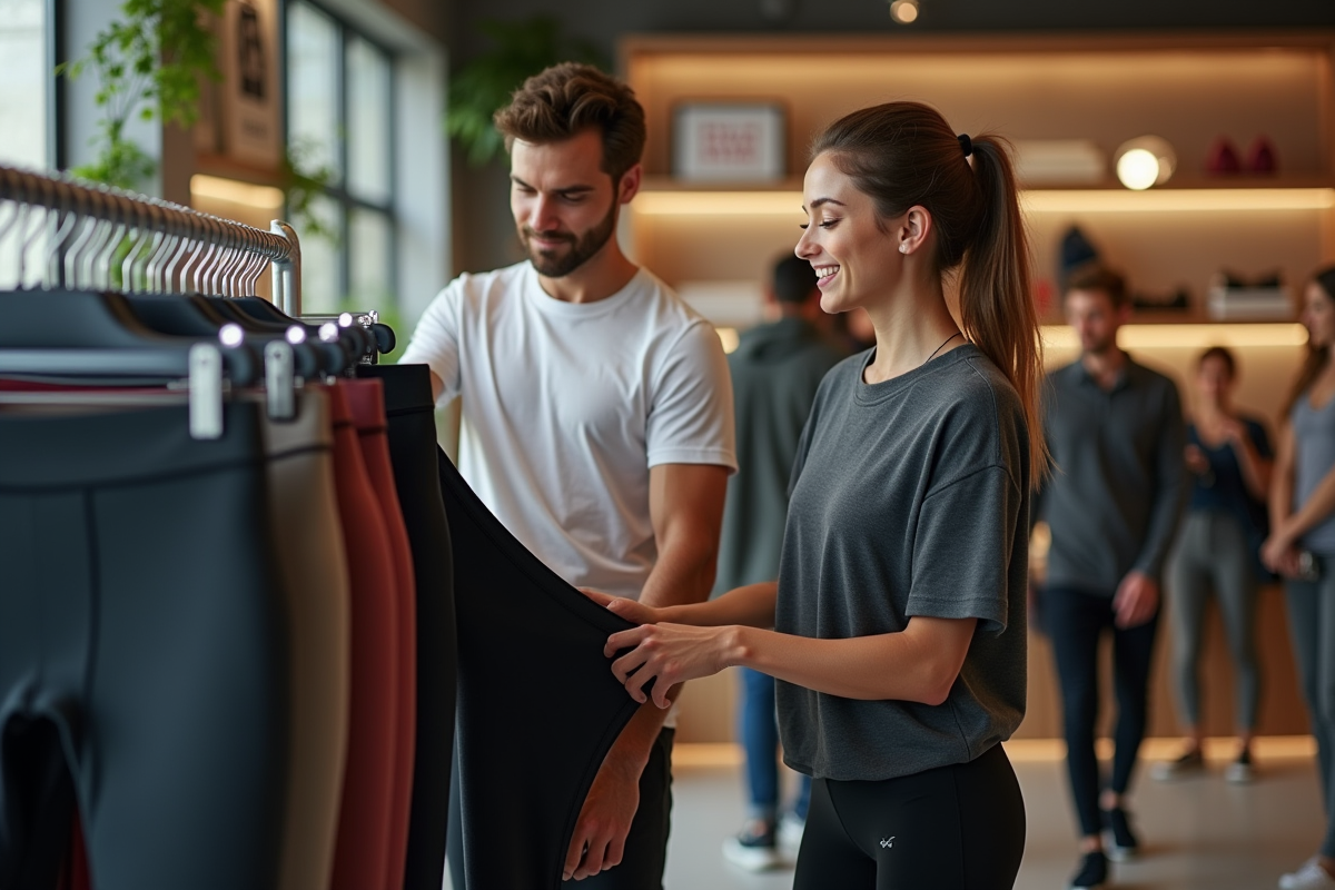 Vendeur aidant un client à tester la flexibilité des leggings