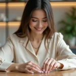 Femme élégante examine ses ongles manucurés dans un salon tendance