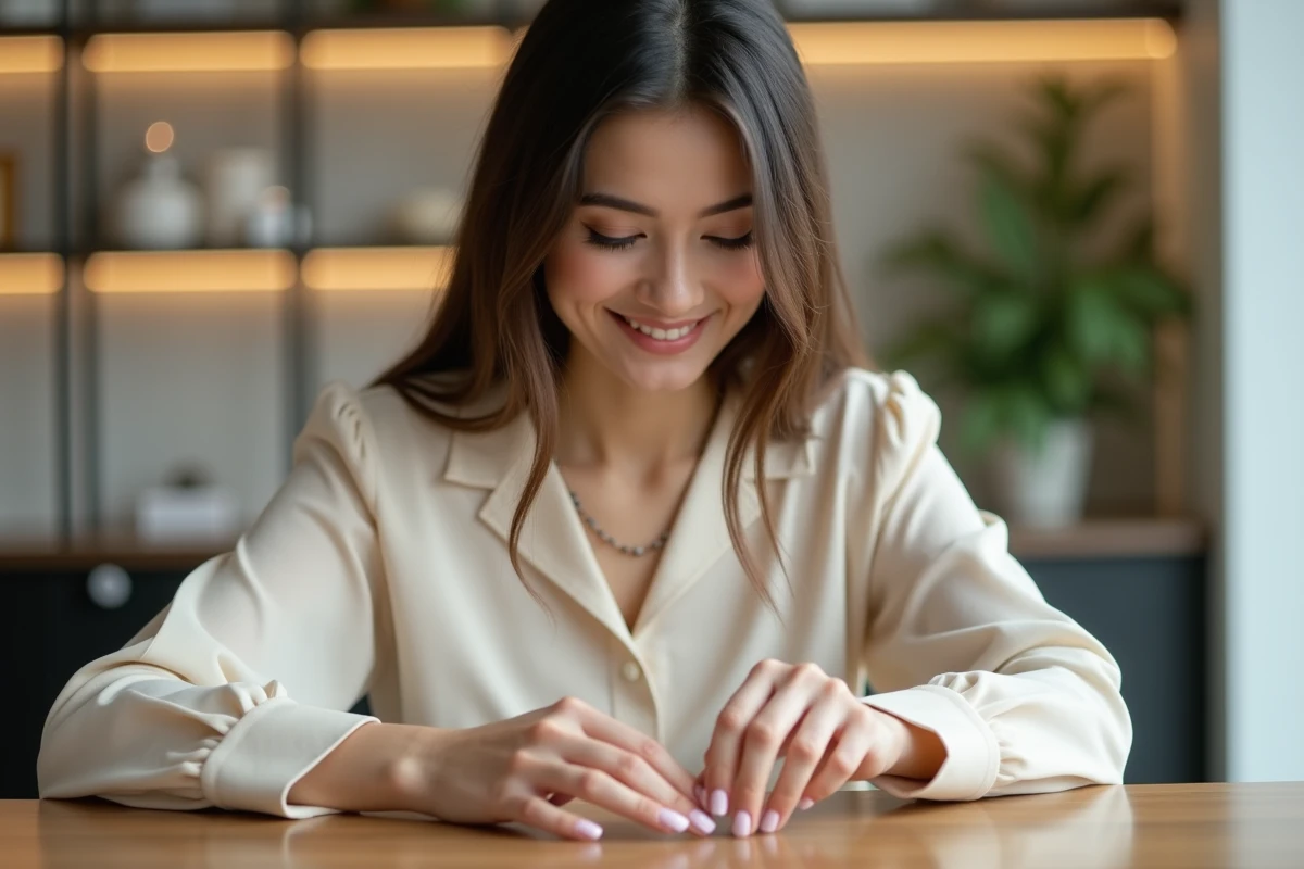Femme élégante examine ses ongles manucurés dans un salon tendance