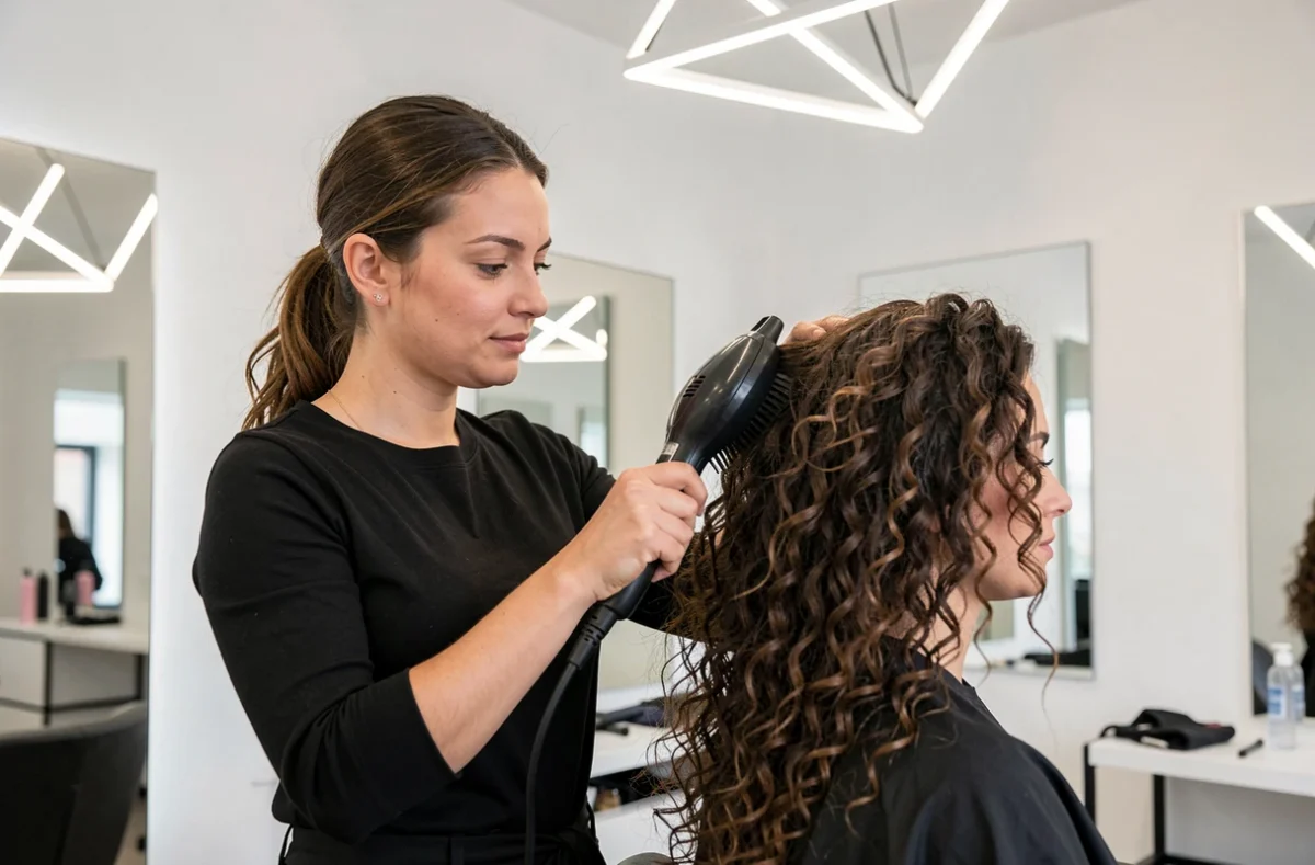 Coiffeuse du Z&M Studio à Angers travaillant sur les boucles d'une cliente